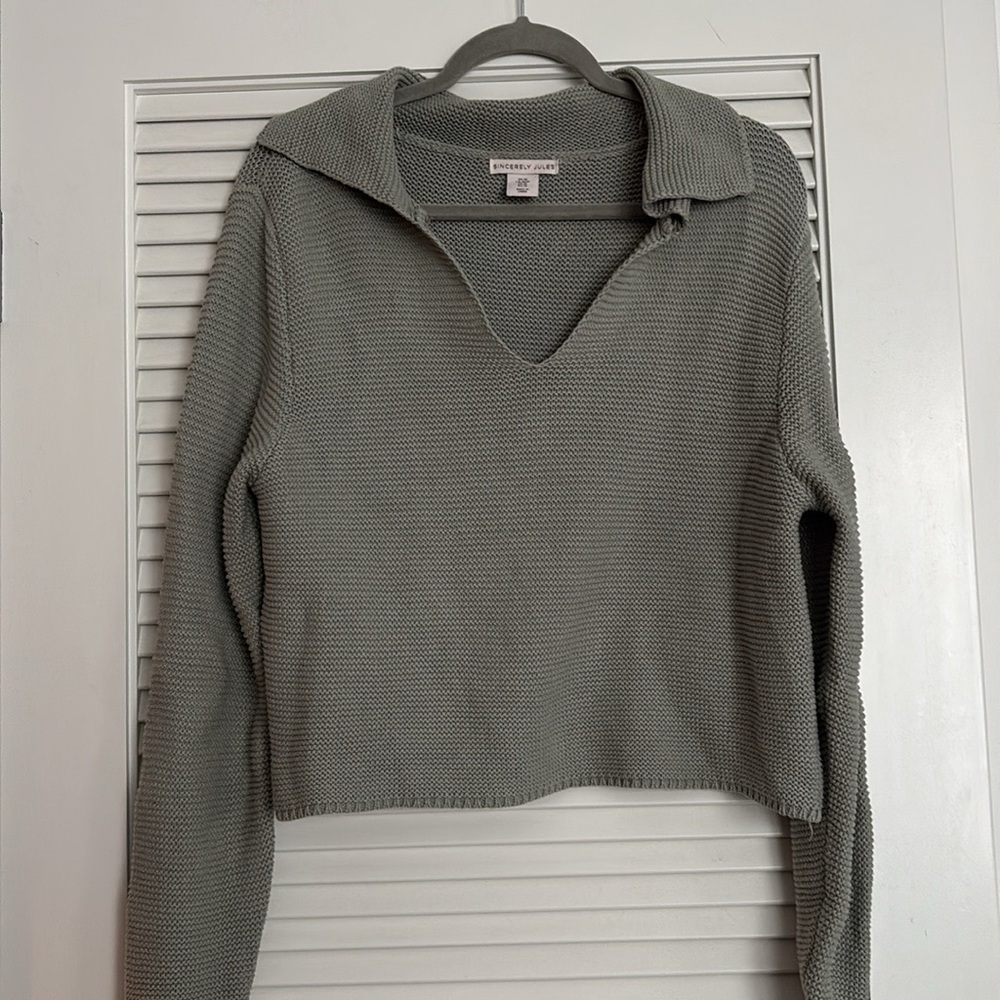 Sincerely Jules chunky knit polo olive green fall sweater Sz M